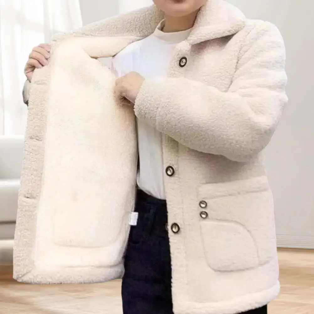 Winter Parka Fleece Coat Thickened Single-breasted Pocket Solid Color Long Sleeves Outwear Jacket Women's Clothing