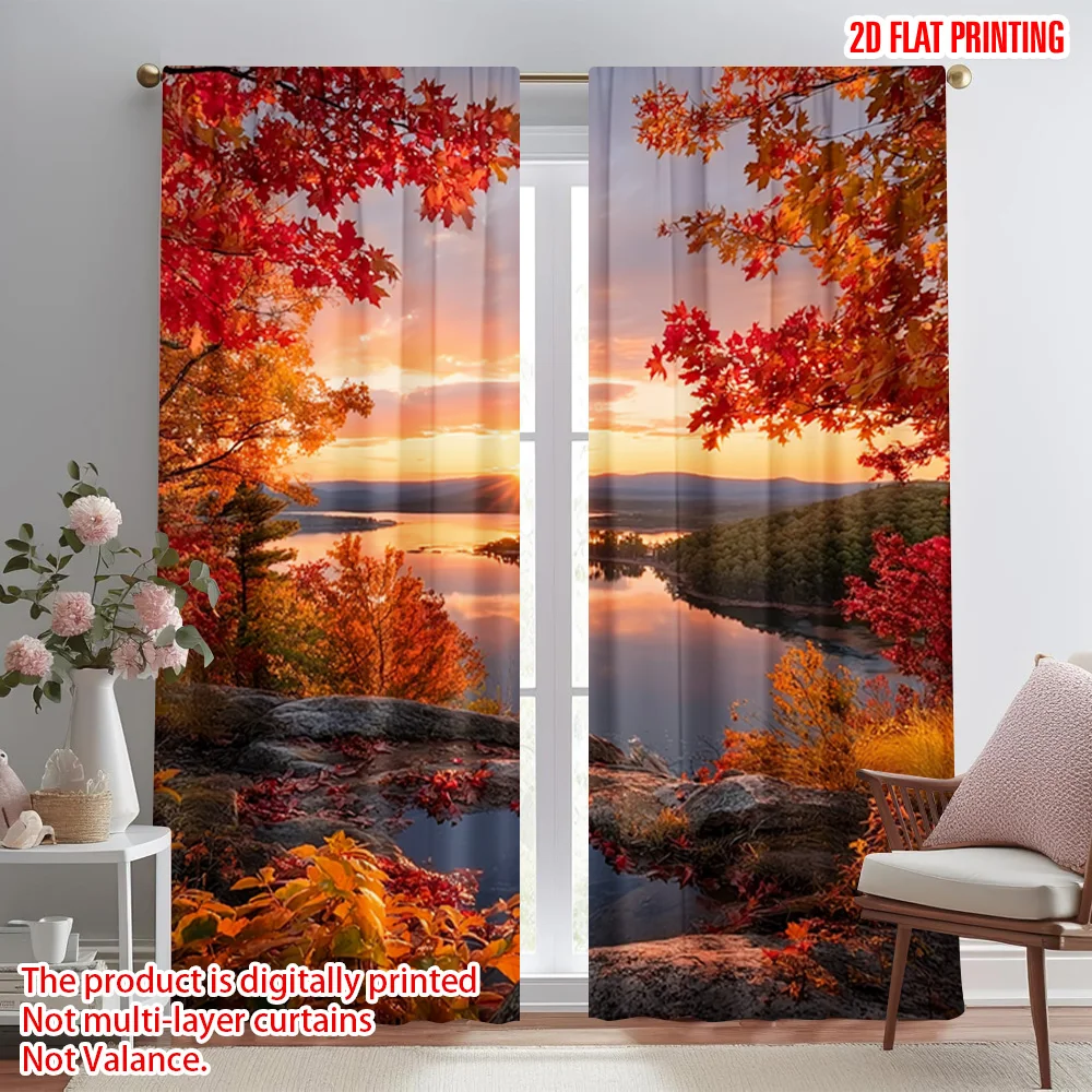 2pcs,2D plane printing Curtains Digital Printed Autumn Sunset & Maple Leaf Durable 100% Polyester Fabric (without rod) Versatile