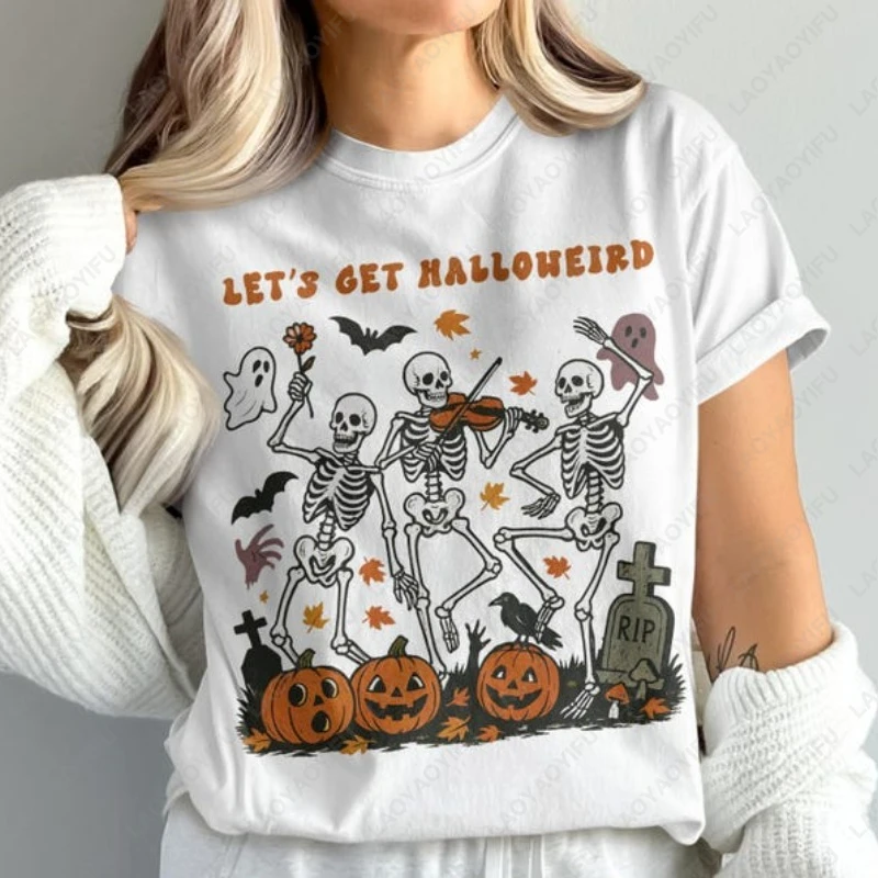 Laten we Halloween T-shirt krijgen Leuke Halloween Skeletten Party Tees Man Vrouw Spooky Seizoen Grafische Tops Ghosts Pompoenen Herfst Tshirt