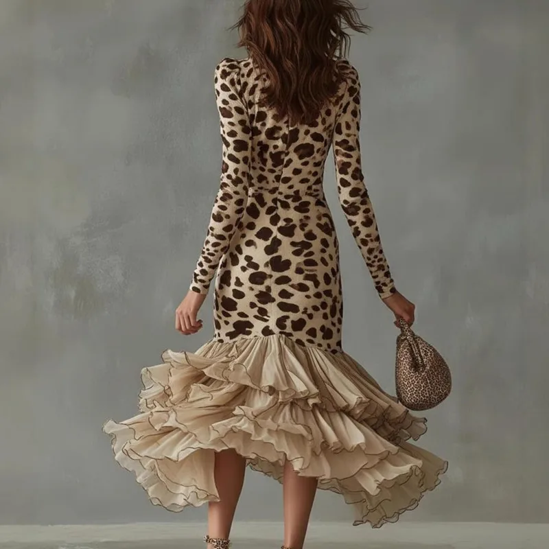 Vestido feminino de malha com estampa de pedra, decote em v, outono, manga comprida, saia irregular em camadas, banquete, vestido longo para namoro