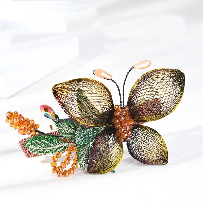 Fashion Elegant Woven Butterfly Hairpin Hair Accessories Women Retro Handmade Luxury Crystal Spring Clip Headwear Jewelry Tiara