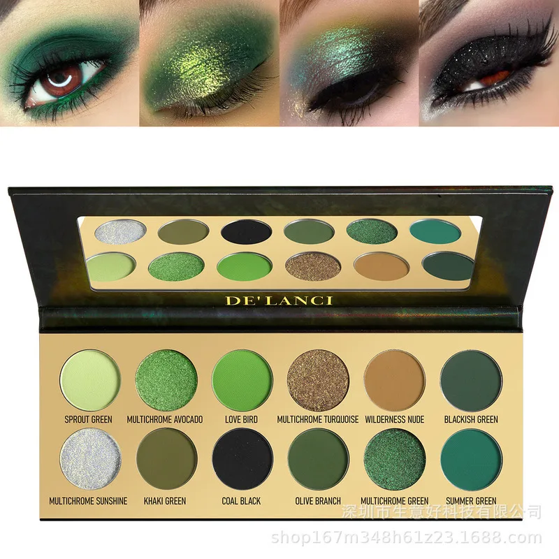12-Color Optical Chameleon Eyeshadow Palette Multi-Purpose Olive Green Shade Long-Lasting Moisturizing Glowing Eye Makeup for Al