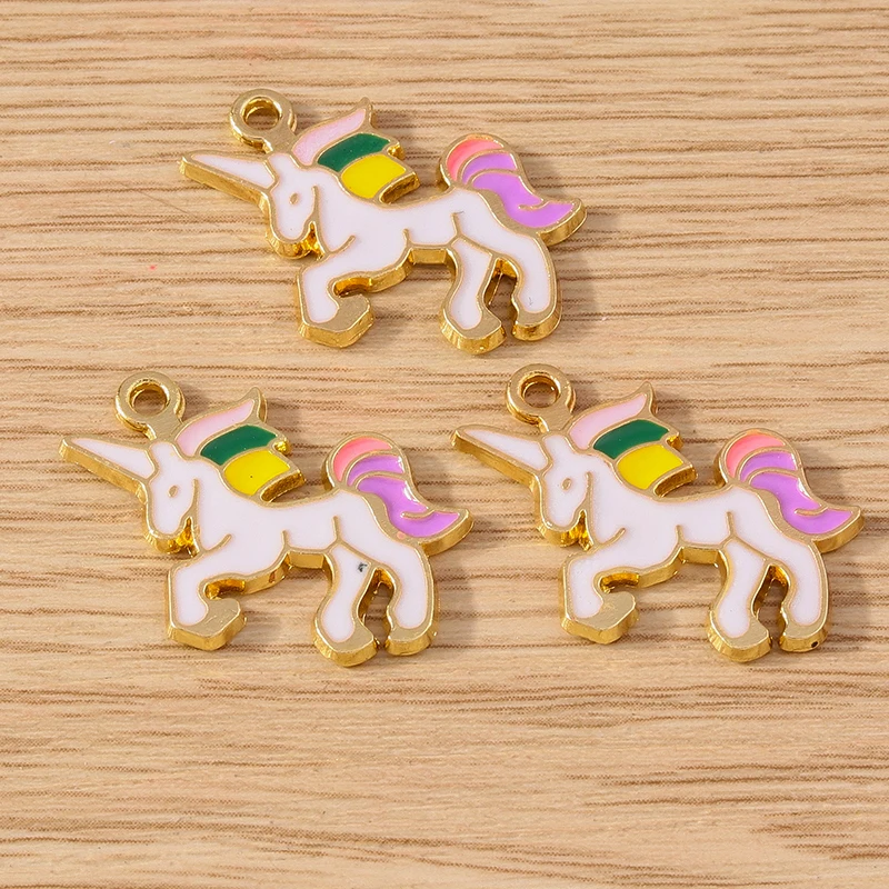 Tusember 10 Stück vergoldete Regenbogen-Emaille-Einhorn-Charm-Anhänger, Schmuckherstellung, Ohrringe, Armband, Halskette, Zubehör, DIY-Handwerk – Detail 6