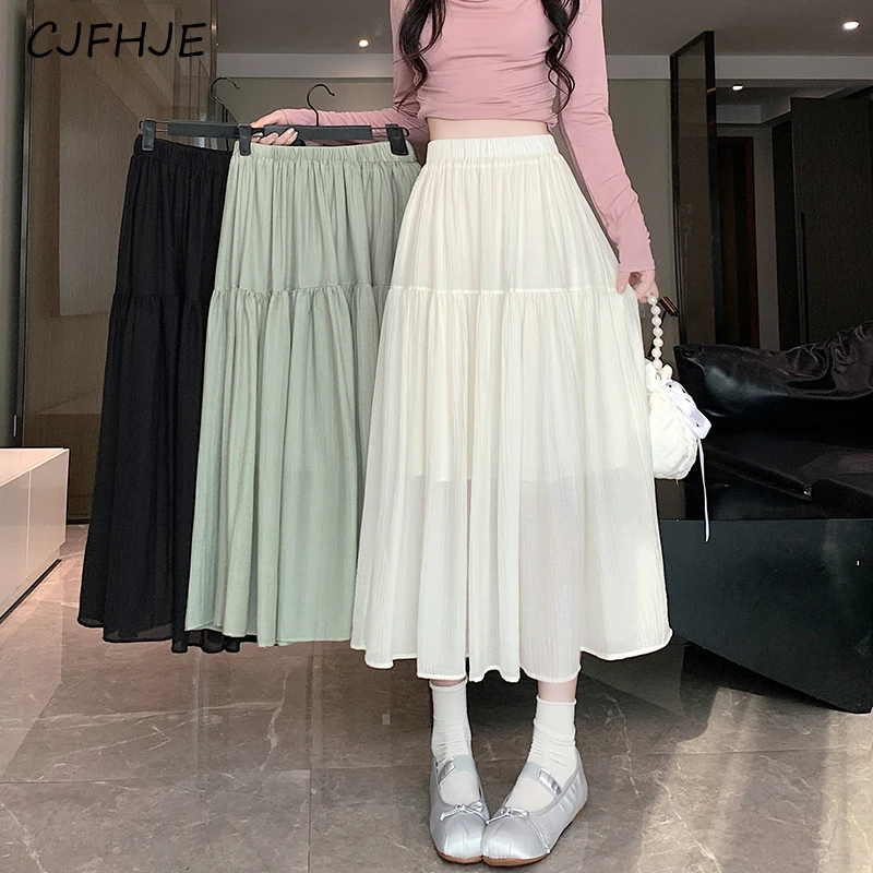 CJFHJE New French Solid Color Women's Elastic Waist Skirt Spring Versatile Fashion Combination Mid Length Women A-line Skirt