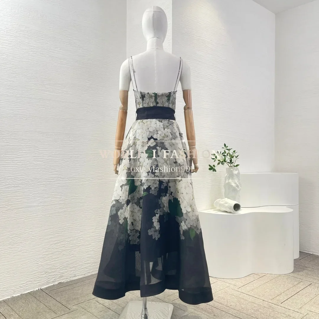 

High Quality Black Flowers Print Sleeveless Sling Beading Midi Dress 2025 silk