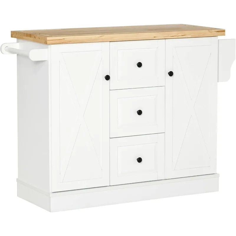 Rolling Kitchen Island with Storage, Kitchen Cart with Wood Top, 3 Drawers and 2 Barn Door Style Cabinet, Adjustable Shelves,