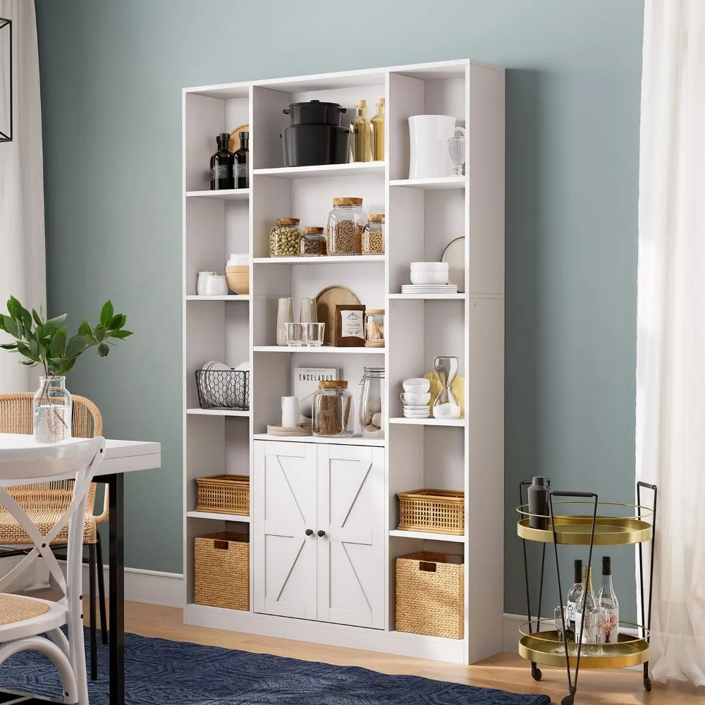 "خزانة كتب بيضاء بطول 74 بوصة مع أبواب وتخزين للمنزل والمكتب، مثالية لغرفة المعيشة وغرفة النوم"