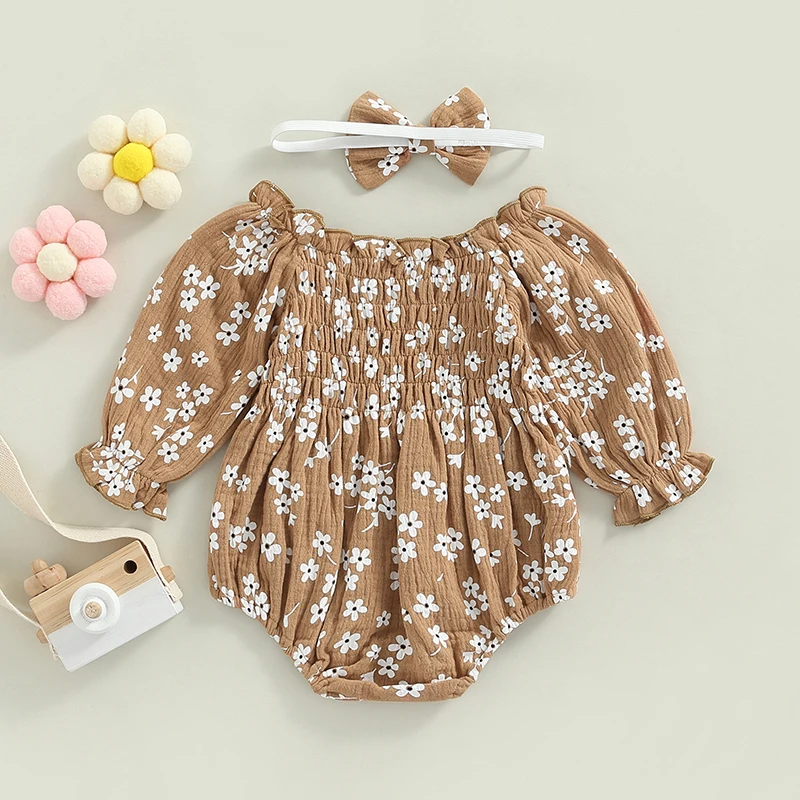 Newborn Baby Girl Romper Outfits, Long Sleeve Floral Printed Pleated Romper + Cute Bow-Knot Headband Set