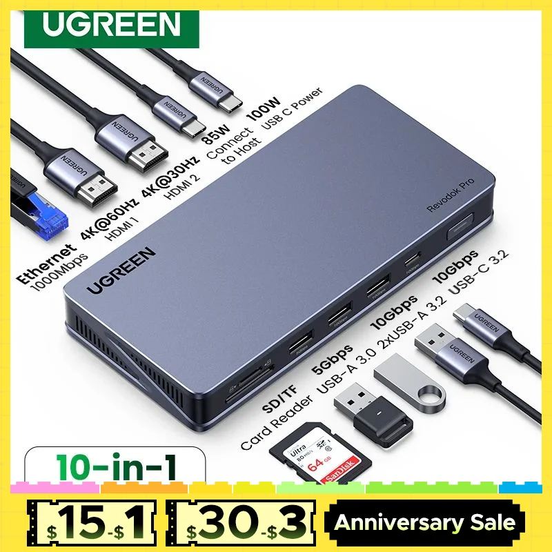 UGREEN Dual HDMI USB C HUB 4K60Hz HDMI Adapter with RJ45 10Gbps USB3.2 PD 100W Dock for MacBook Pro Air M2 M1 USB HUB Docking