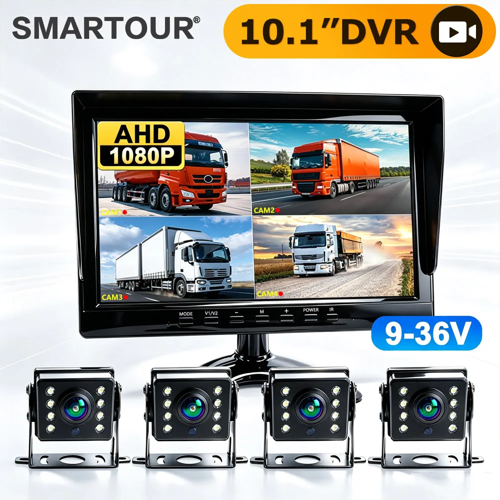 10.1'' 1920*1080P AHD Car Monitor 2/4CH Split Screen DVR Recorder For Truck Bus RV Vans SUV Trailer 8 LED HD Backup Camera