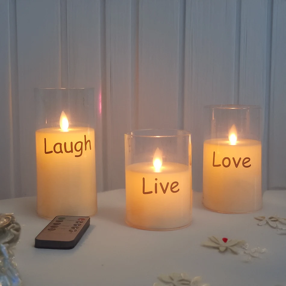 

Flameless Remote Led Candles,Battery Operated or USB Rechargeable,Home Decor.,Ambiance Light, Laugh,Love,Live,3pcs/set