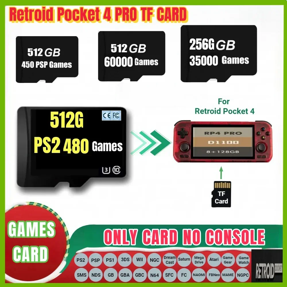 Retroid Pocket 4 Pro Memory Card TF Card for Rp4+ Popular Classic Retro Game PS2 PSP 3DS Android Portable Handheld 512G Sd Card