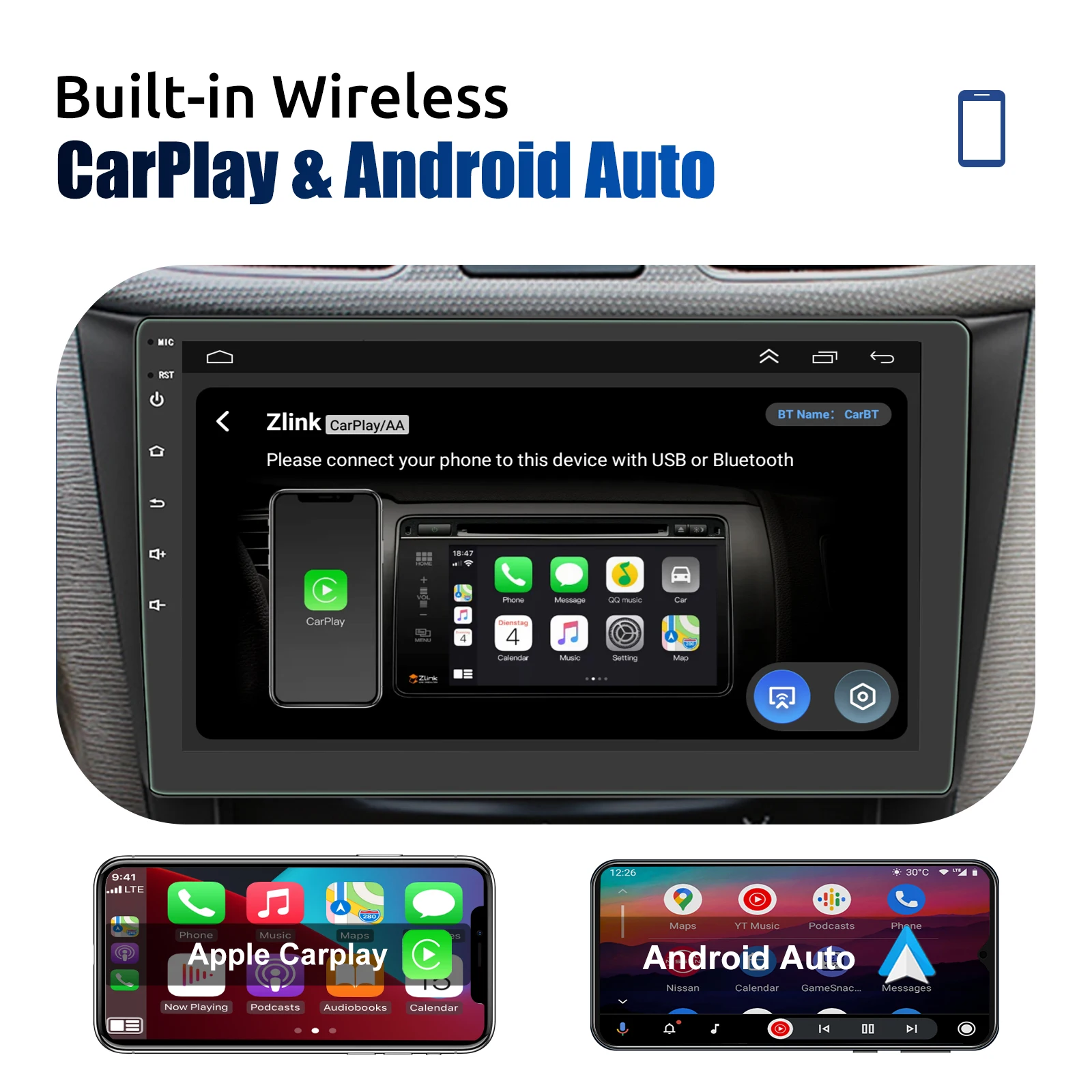 Wireless Carplay Car Radio Android Auto 2 Din Car Stereo Universal 7