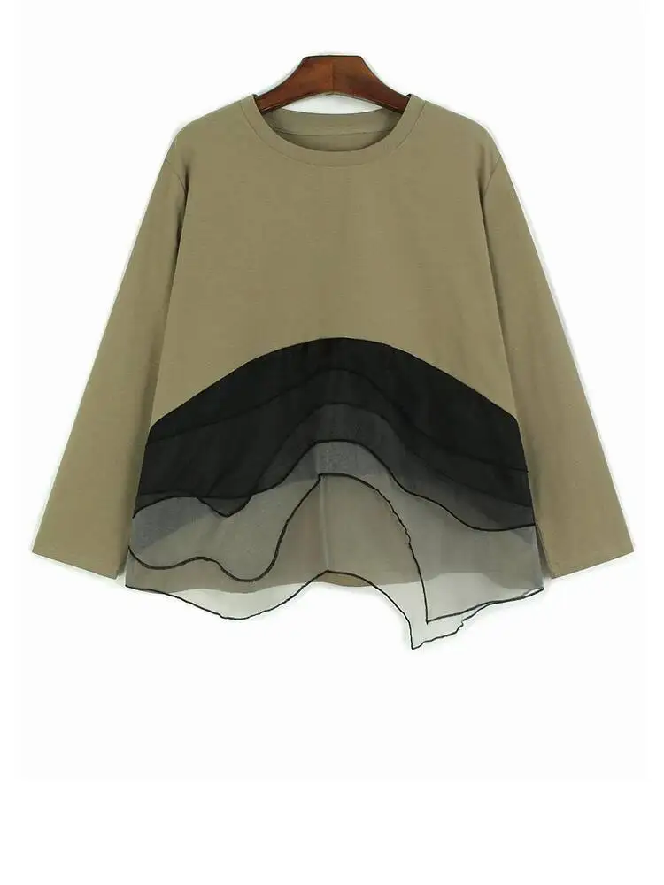 

Женская футболка цвета хаки из органзы, нерегулярная футболка большого размера, новая модная футболка с круглым вырезом и длинными рукавами, весна-осень