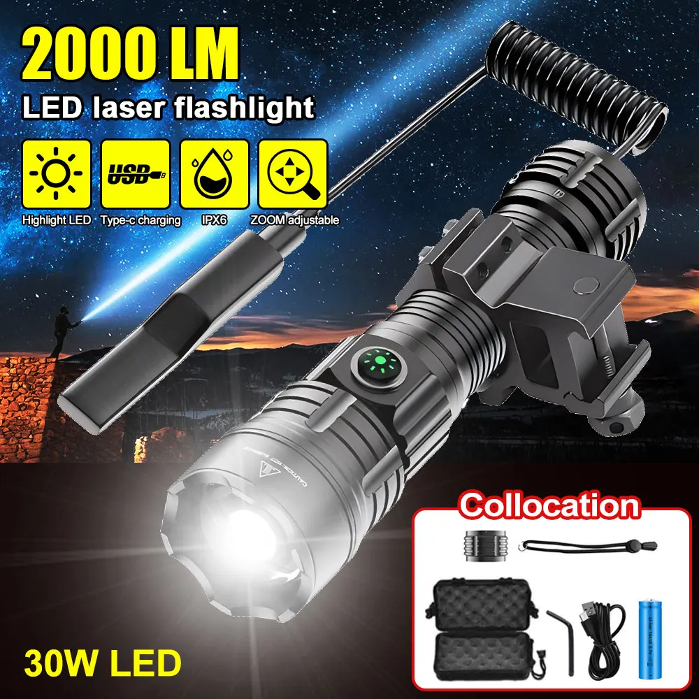 30W 2000lm Professional LED White Flashlight for Hunting Tactical Zoomable 3 Modes Night Scout Lights Set With Rifle Scope Mount