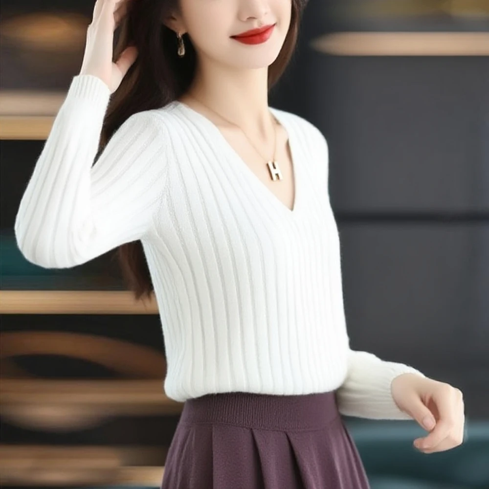

Black White Yellow Coffee V Neck Stretch Sweater Women Long Sleeve Top Pullover Temperament Pleated Knit Shirt Ladies Clothes