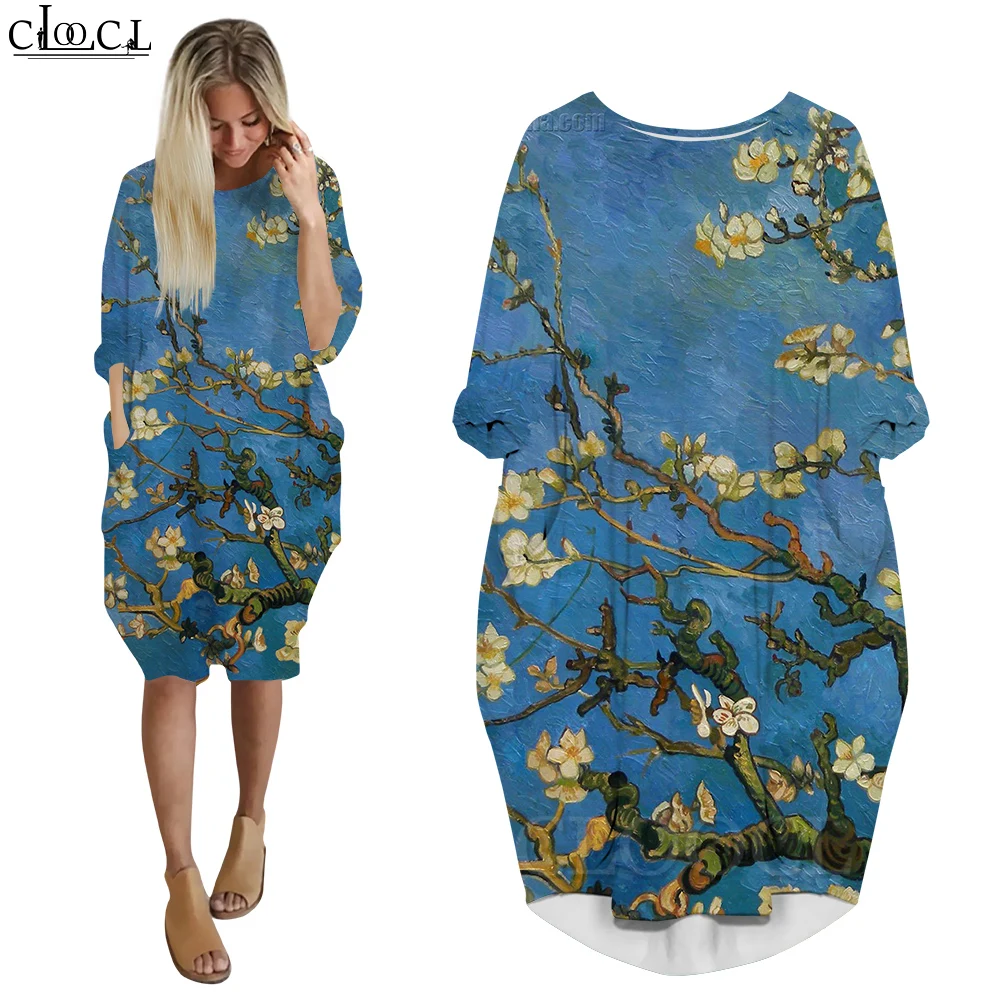 CLOOCL Dresses Van Gogh Apricot Blossom Print Long Sleeves Pocket Dresses Art Aesthetics Clothing Loose Fit Party Dresses Women