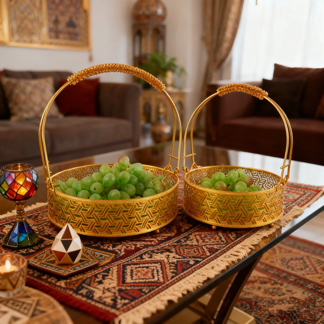 

Middle East Festival Decoration Luxury Round Hollow Portable Tray Multifunctional Snack Fruit Storage Basket