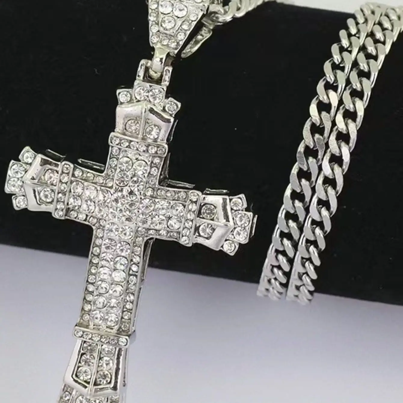 1 Simple Style MEN'S Rhinestone Christian Cross Rhinestone Pendant Necklace Personality Fashion Street Domineering Chain Jewelry