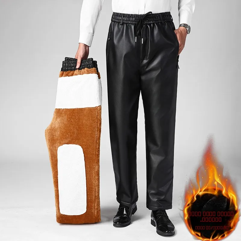 

Мужские зимние утепленные кожаные брюки на флисовой подкладке, ветрозащитные, водонепроницаемые, для езды на мотоцикле, теплые, свободные, хлопковые, городские, модные