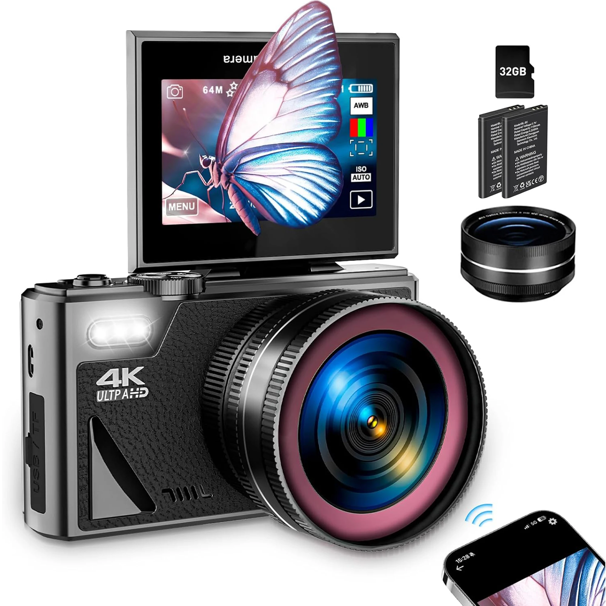 

4K Digital Camera for Photography 18X Digital Zoom Camera 64MP Compact WiFi Video Vlogging Camera 3''180° Flip Screen with Flash