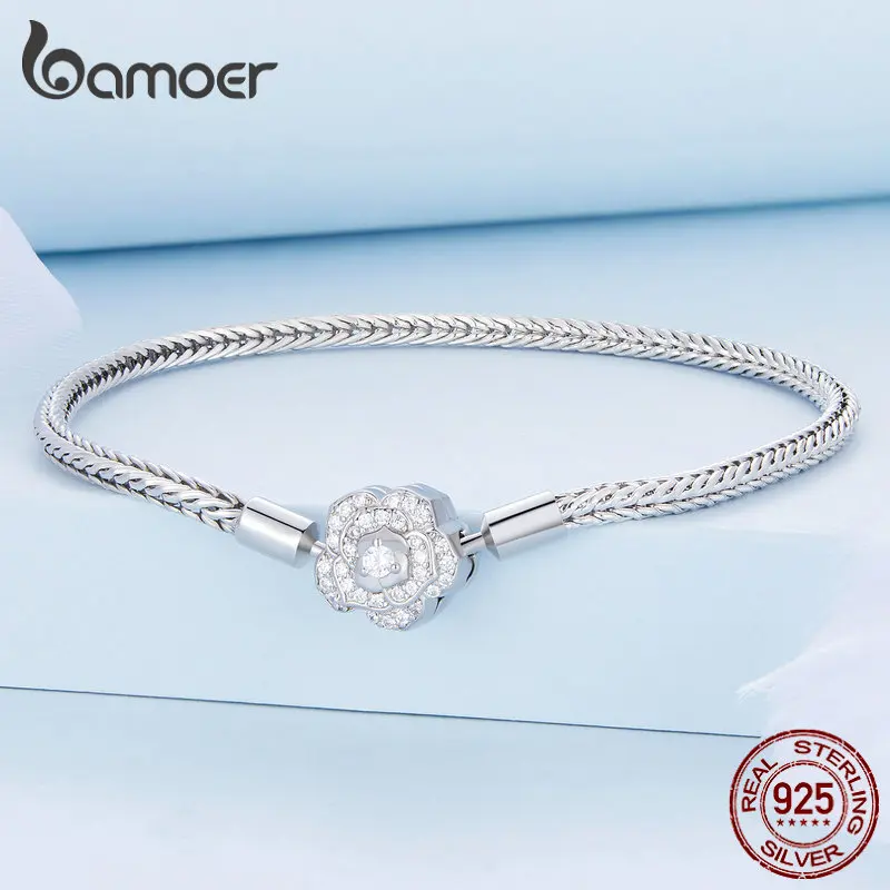 Bamoer 925 Sterling Silver Zircon Rose Buckle Bracelet Snake Chain for Women Bead Charm DIY Chic Jewelry Gift BSB096