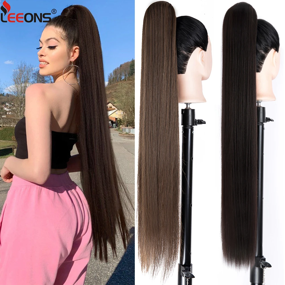 Leeons 85Cm 33Inch Lange Paardenstaart Haarstukjes Voor Vrouwen Kapsels Rechte Synthetische Nep Paardenstaart Wrap Around Clip In Paard staart