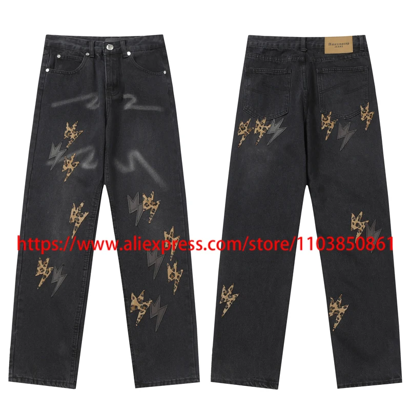 

2025 Street Trend Lightning Jeans Vintage washed Patchwork Creativity Logo Pattern Lightning Straight Jeans Unisex style