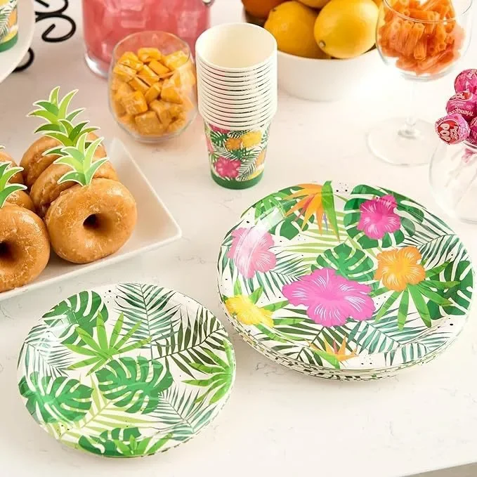 Party Disposable Paper Tableware Set Turtle Leaf Hibiscus Flower Plates Cups Napkins Hawaii Flower Aloha Party Supplies