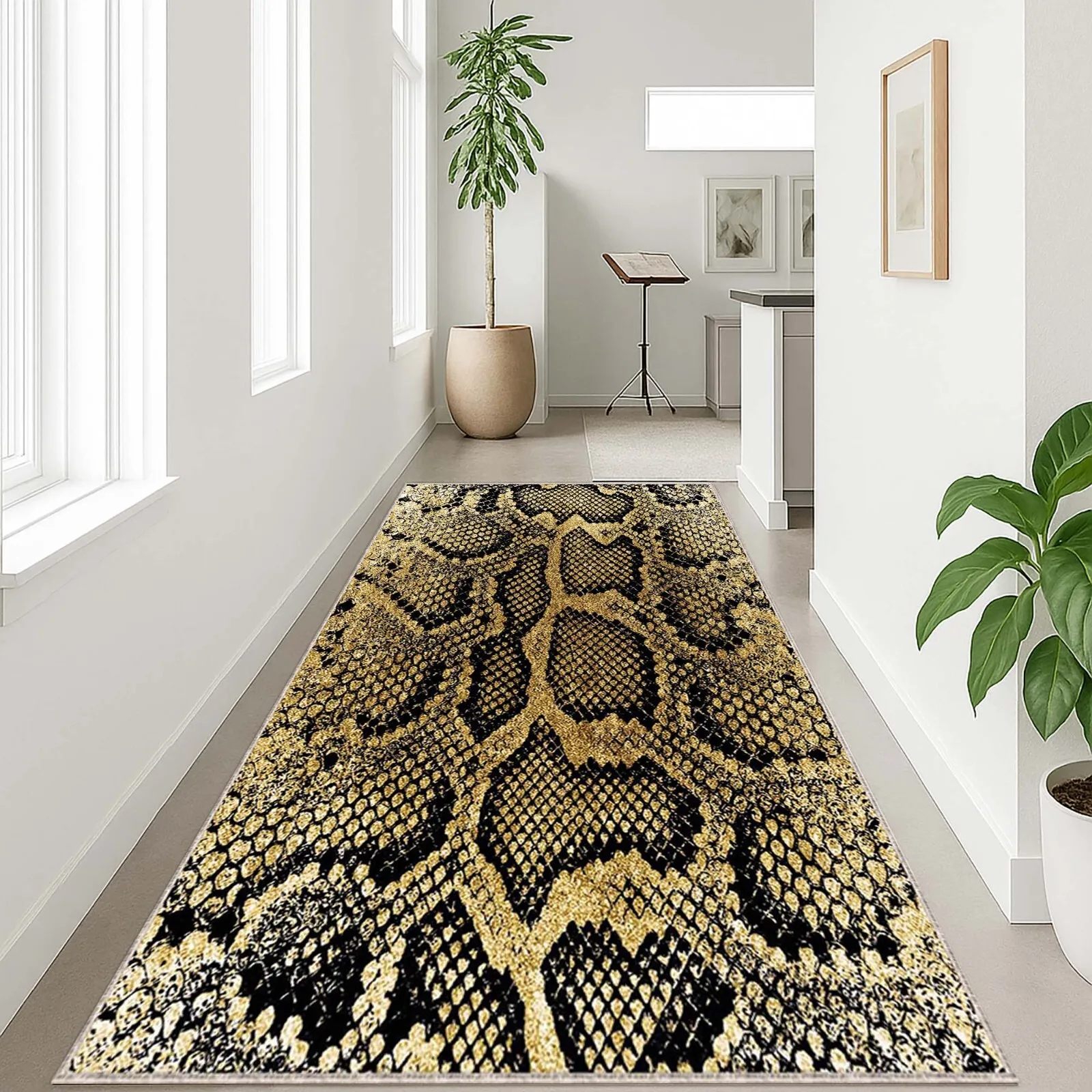 Golden Snake Skin Pattern Runner Rug Luxury Hallway Carpet Non Slip Floor Mat