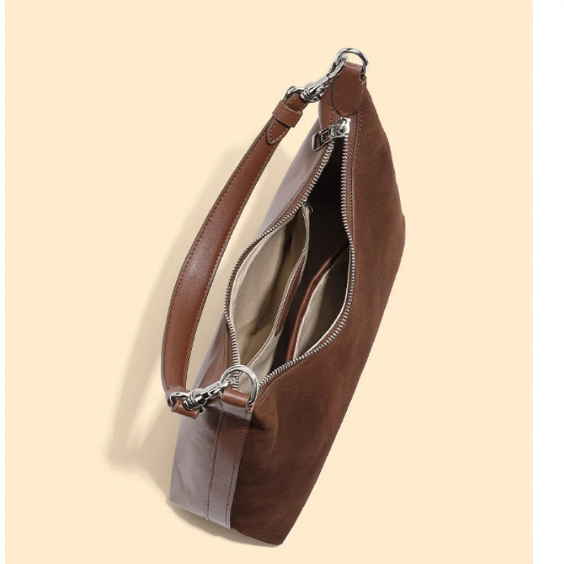 Vintage women natural suede leather bag stylish retro patchwork design large capacity shoulder bag top grain leather armpit bag
