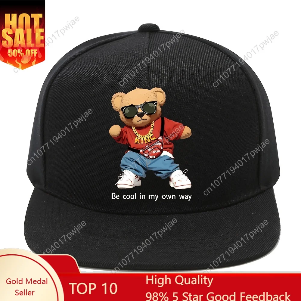

1pc Black Baseball Cap with Fashion Glasses Bear, Hip-Hop Hat, Adjustable Strap for Men & Women, Lightweight Flat Brim Snapback,