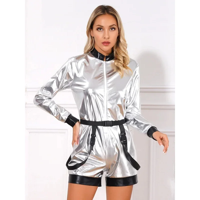 Womens Alien Costumes Halloween Astronaut Cosplay Uniforms Shiny Metallic Space Astronaut Jumpsuit Spaceman Pilots Outfits