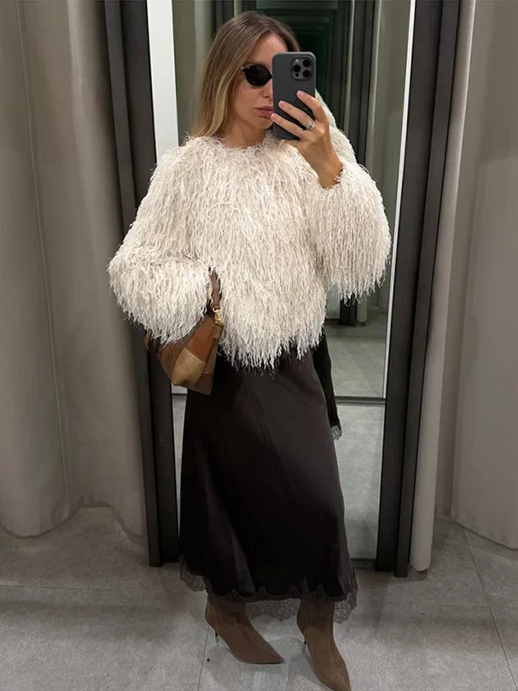 Vrouwelijke Pluizige Faux Vossenbont Jas Jas Winter Losse Luxe Lange Mouw Hoge Taille Patchwork Crop Jas Dames Uitloper 2025