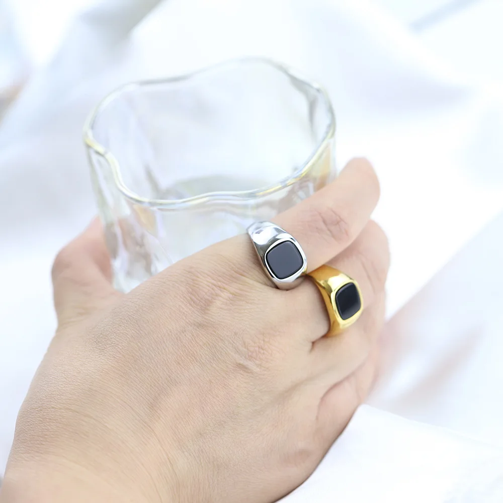 Vintage Geometric Square 12MM Diamond Set Stainless Steel Ring with All Fashion Couples Jewelry Gift
