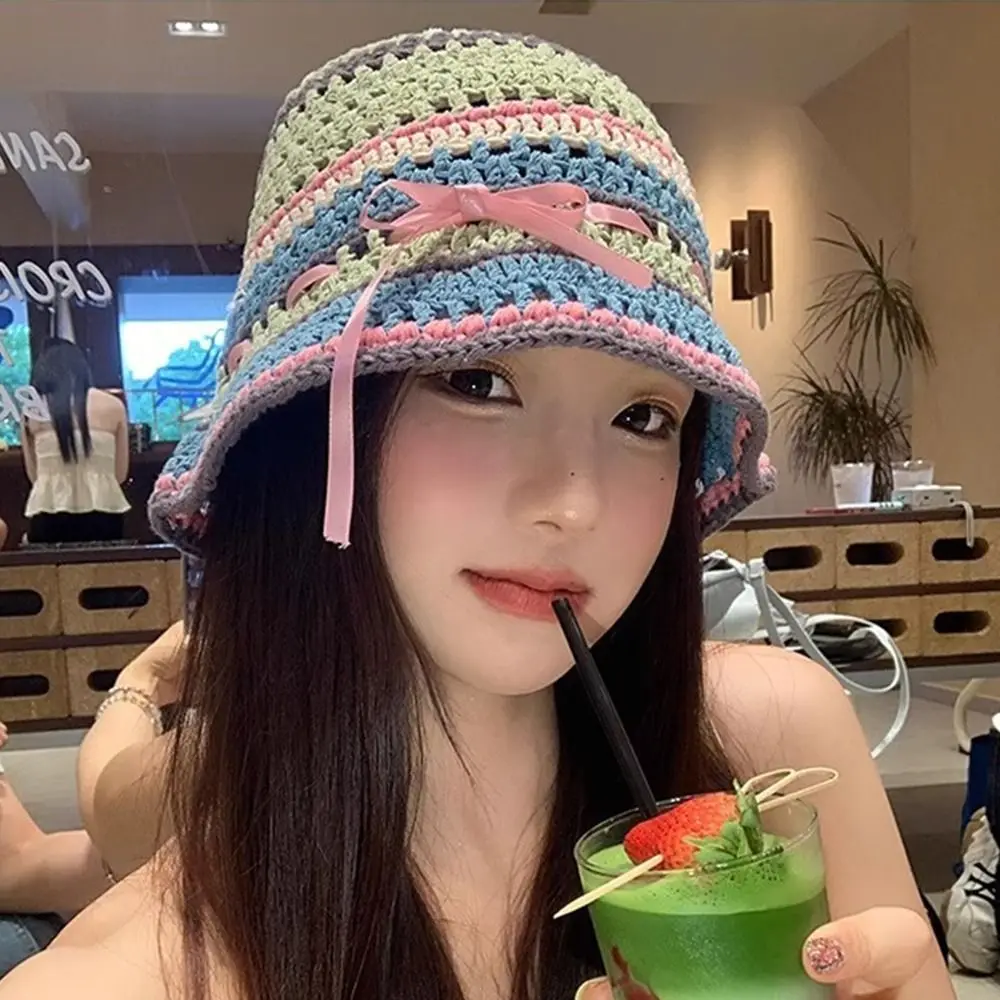 

Korean Handmade Knitted Bucket Hats Y2k Spring Summer Hollow Basin Cap Bow Ribbon Sweet Weave Hats Travel