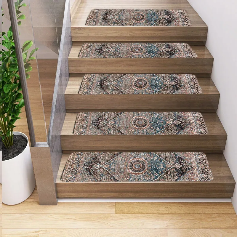 VIKAMA Vintage Persian Geometric Stair Tread Mat Anti-Slip Absorbent Wear-Resistant Indoor Home Decor Floor Mat