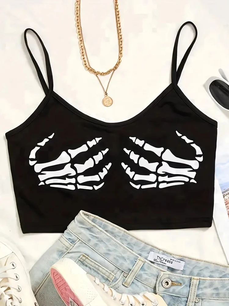 Gothic Skeleton Skeleton Print Crop Top Summer Women's Sexy Elastic Camis Female Strap Top Backless Vest Halloween Black Top