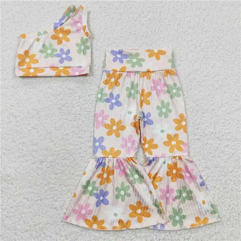 Wholesale Girls Summer Short-Sleeved Suit Suspenders With Multi-Element Colors Bright Bell Bottoms Ruffle