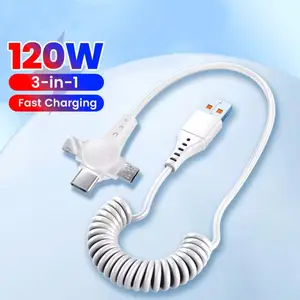 Bilashmart 3 In 1 USB Fast Charging Cable 6A 1.5m Car Spring Data Cable Suitable iphone Android Extended Telescopic Charging Cable