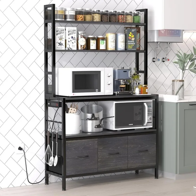 

Kitchen Bakers Rack with Power Outlet,5-Tier Free Standing Kitchen Storage Shelf Bakers Rack with Baskets,Industrial Microwave