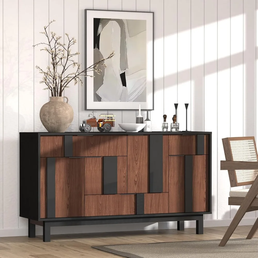 Sideboard Cabinet with 3D Geometric Doors, 54'' TV Cabinet with 4 Doors and 3 Drawers, Buffet Storage Cabinet Credenza