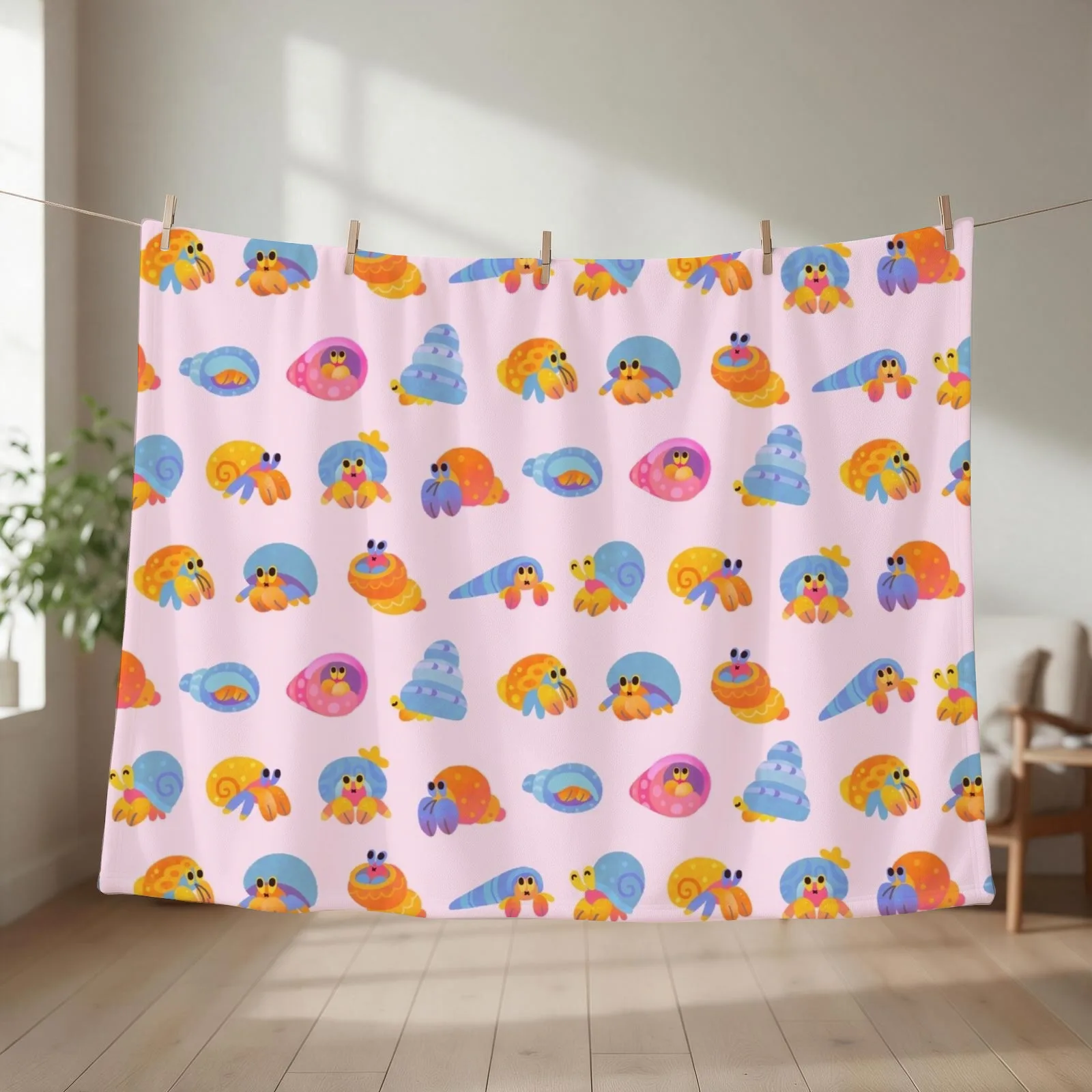 Hermit crab - pink / knife jellyfish Throw Blanket couch cozy soft plush fuzzy picnic outdoor blanket