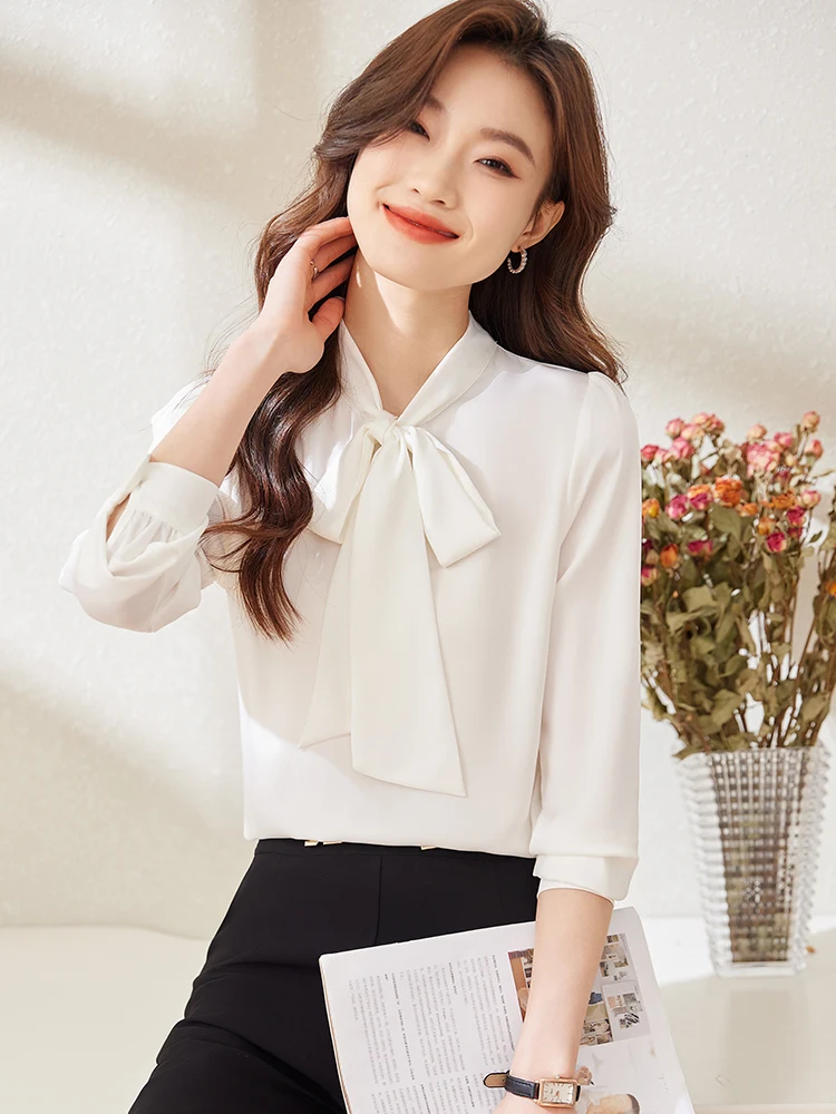 

White Women's Faionable Spring 2024 irt Knot Sa Chiffon Top V-ne Long Sve Slim Fit Commute Sle Pure Color