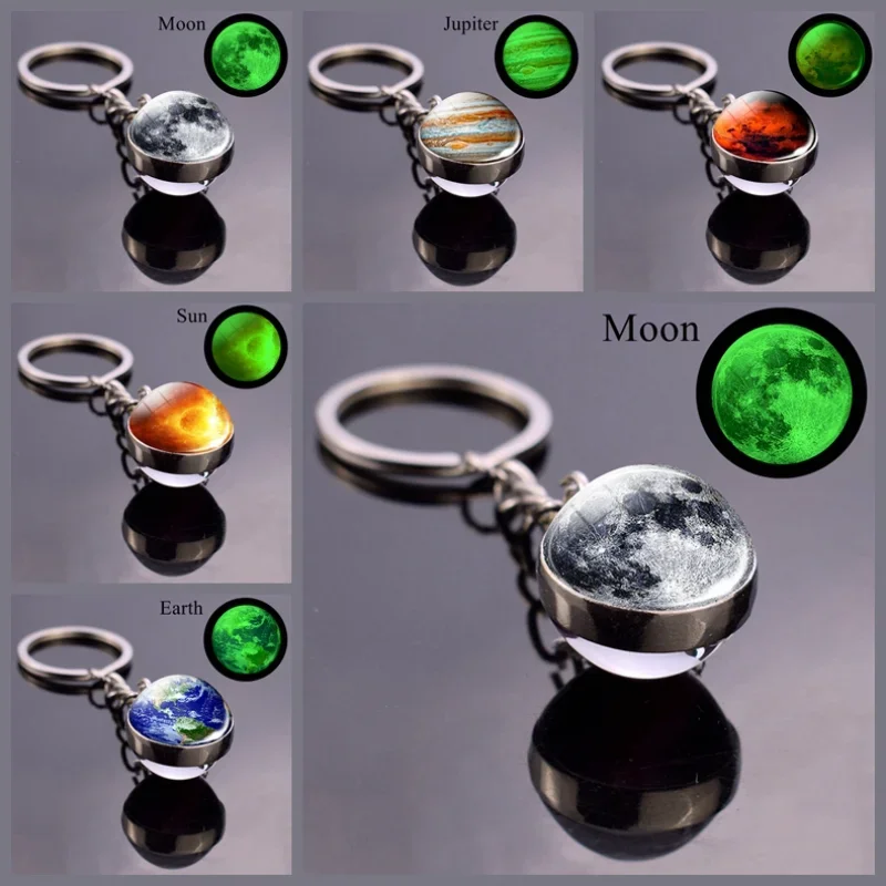 Luminous Mars Key Chain Solar System Jewelry Moon Earth Sun Planet Glass Ball Keychain Glow The Dark Pendant Gift Dropshipping