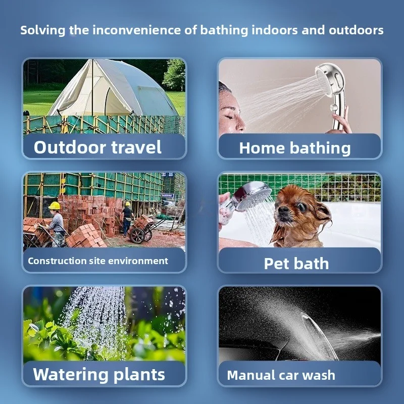 Douche de camping en plein air, ceinture noire étanche IPX7 avec affichage numérique, pompe de douche électrique portable, randonnée, arrosage pour animaux de compagnie