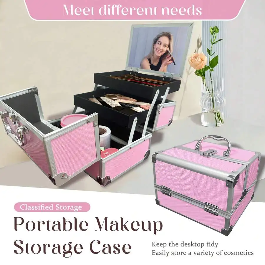 1Pc Tattoo Makeup Case Box, Alloy Portable Storage Case, Large-Capacity Artist Multi-Layer Toolbox With Mirror & Lock, Metal Tra