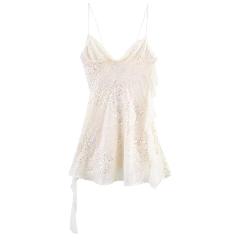 Hxao vestidos femininos em camadas lantejoulas deslizamento vestido verão 2025 sexy mini vestidos de noite brancos elegantes sem mangas sem costas