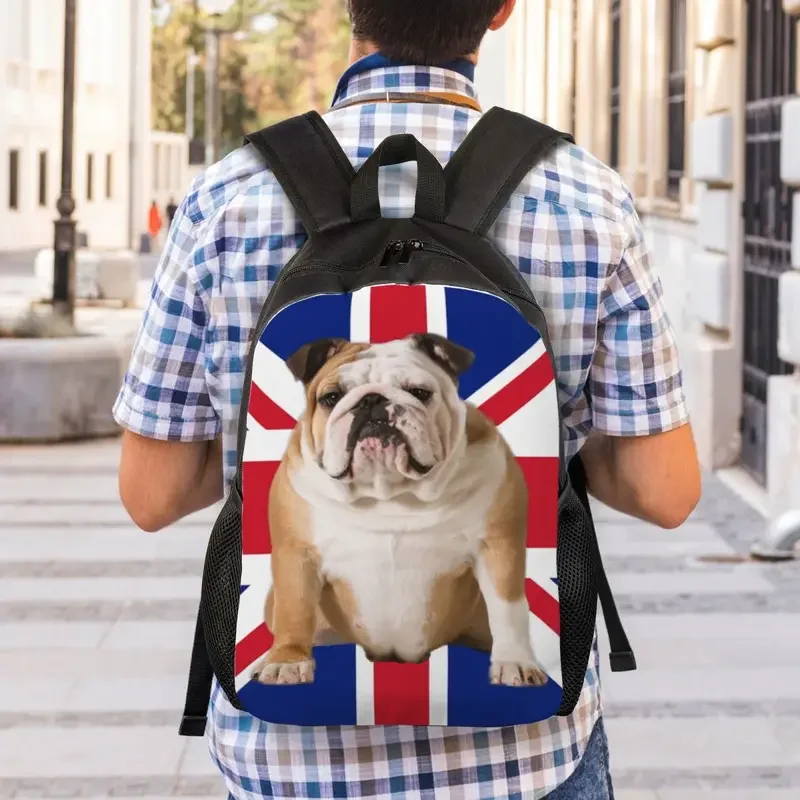 Inglês mochila bulldog laptop para homens e mulheres, mochila, faculdade, estudante, bandeira britânica, saco do cão patriótico