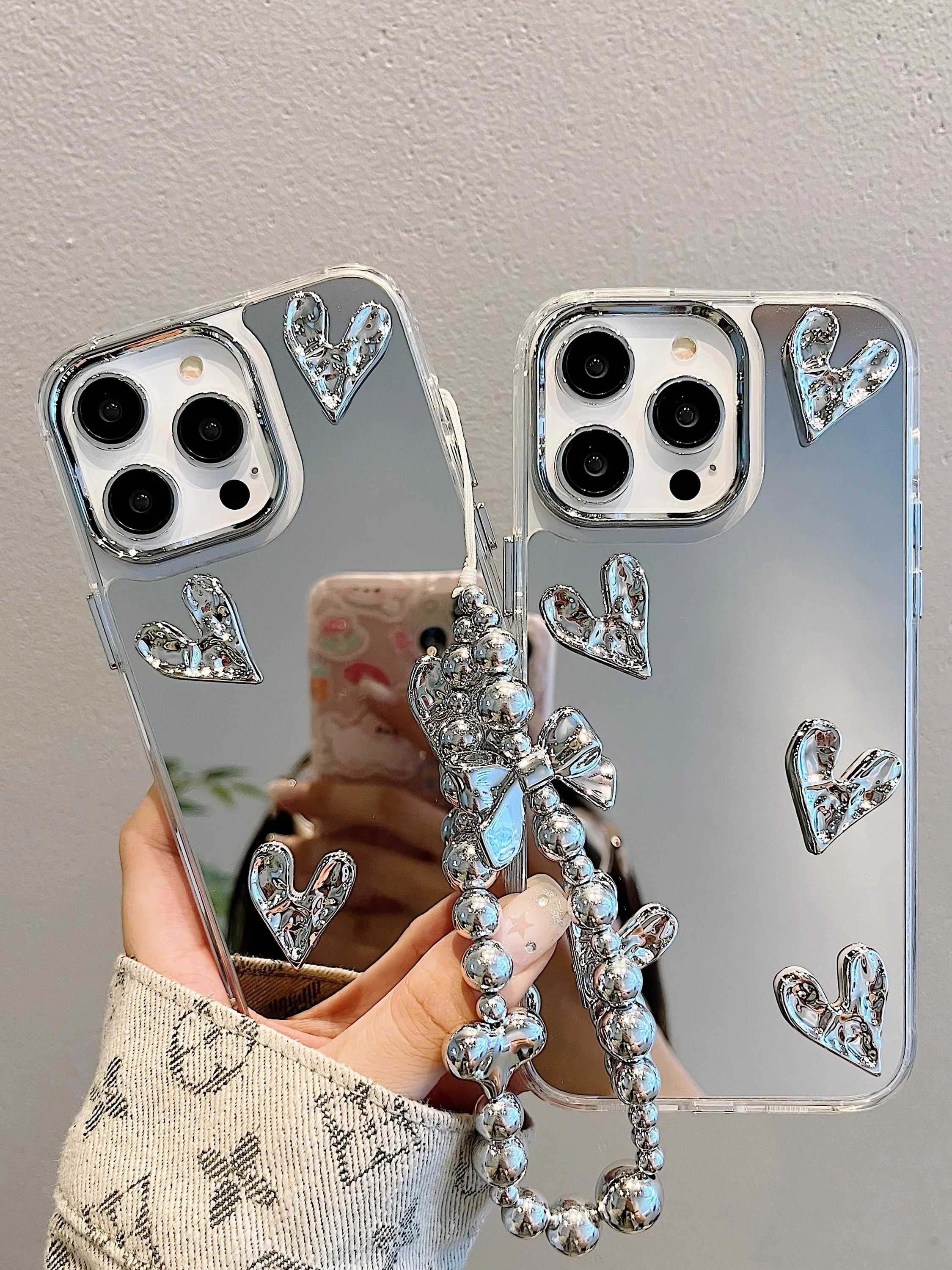 3D Heart with Chain Silver Plated Mirror Case For iPhone 14 15 Pro Max 11 12 13 Pro Max Drop Protection Cover